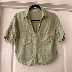 Zara linen blend green button up shirt size medium